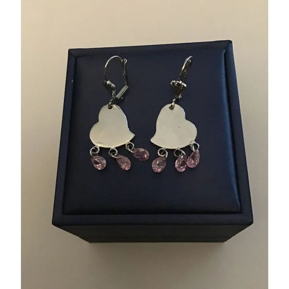 Pretty High Polished Silver Hearts & Pink Sapphire Dangle Earrings